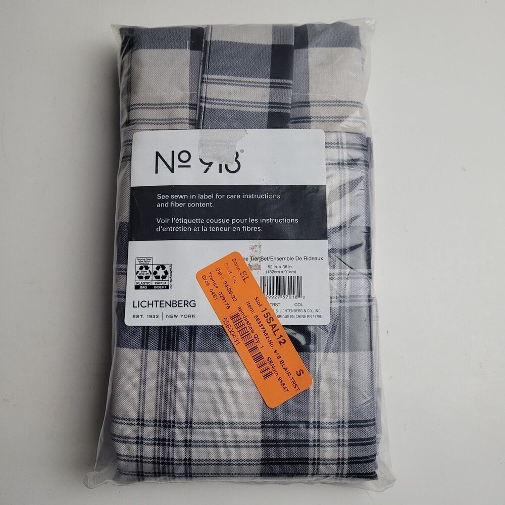 NEW No. 918 Blair Plaid Semi-Sheer Tab Top Curtain Tier Set.  'Coal' 52x36 #BT2